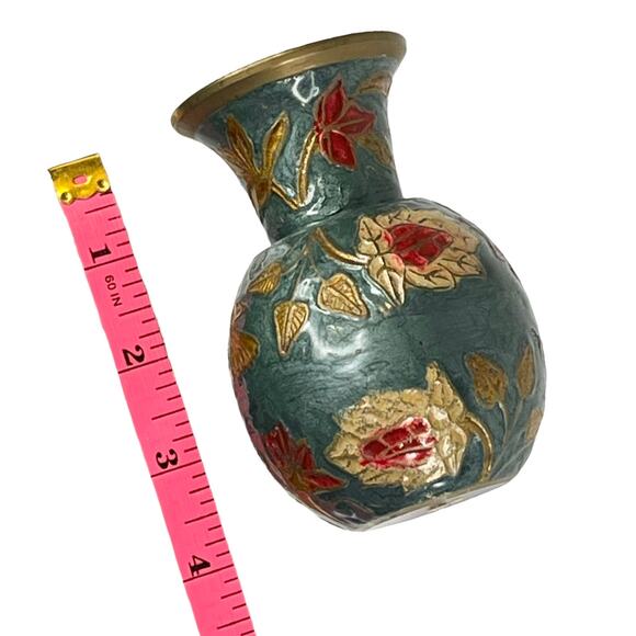Vintage Enameled BRASS VASE 4" Mini Flower Vase Green Gold Metal Container India - Picture 6 of 7